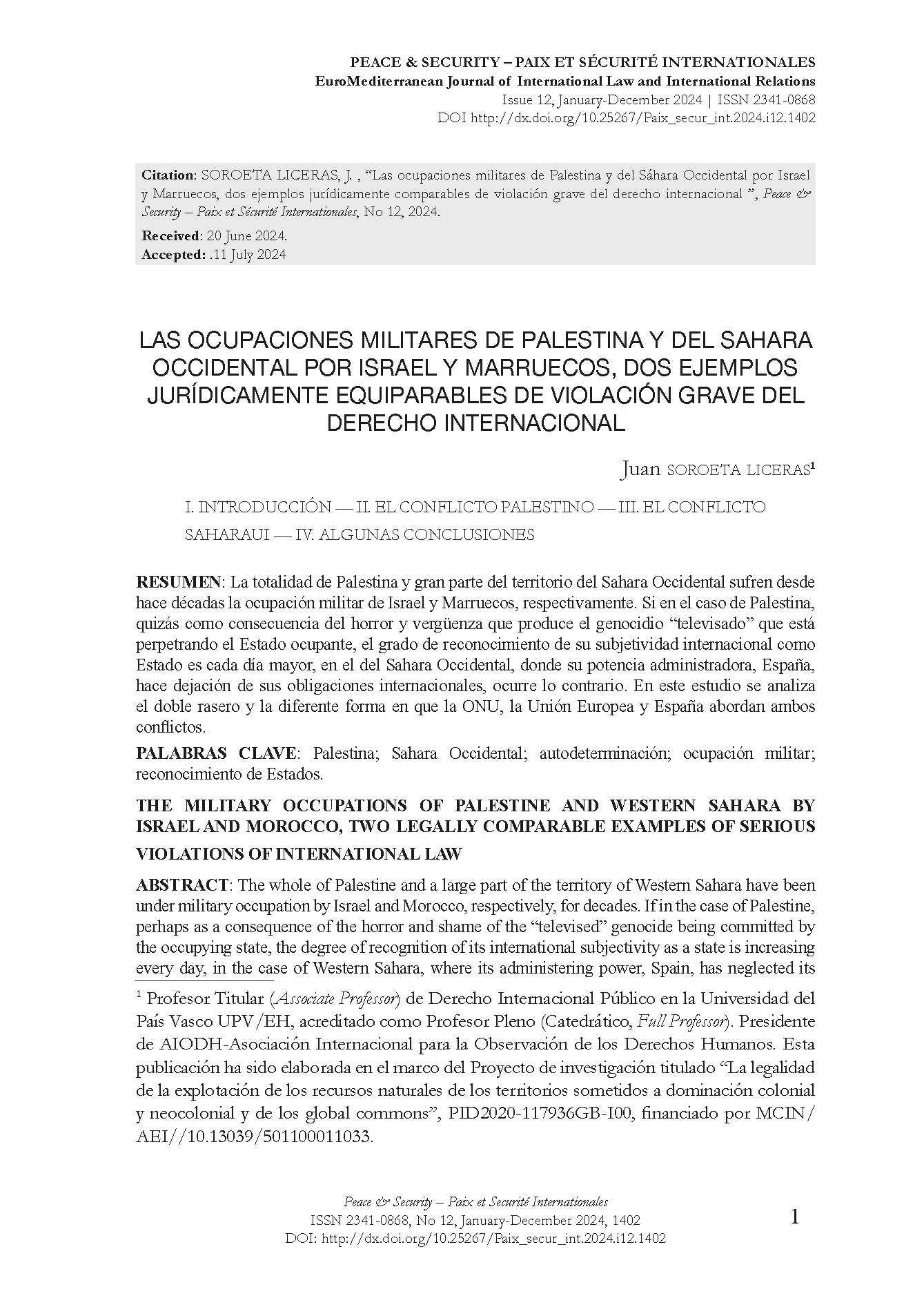 The military occupations of Palestine and Western Sahara by Israel and Morocco, two legally comparable examples of serious violations of international law