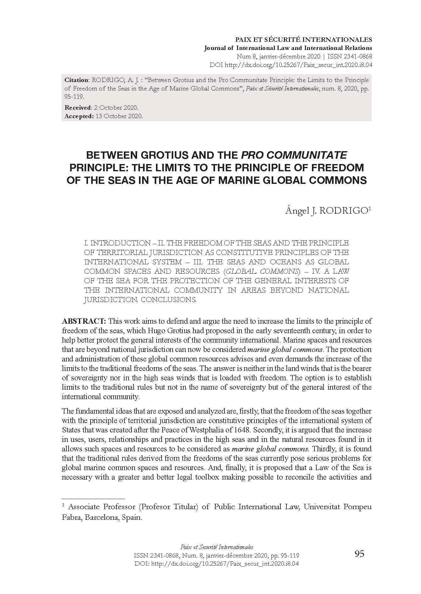 Between Grotius and the pro communitate Principle: The Limits to the Principle of Freedom of the Seas in the Age of Marine Global Commons