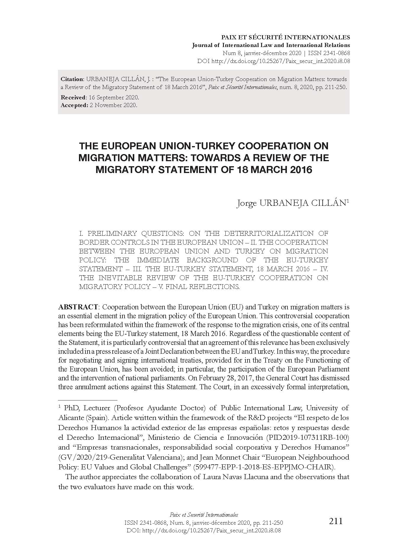 The European Union-Turkey Cooperation on Migration matters: Towards a Review of the Migratory Statement of 18 march 2016