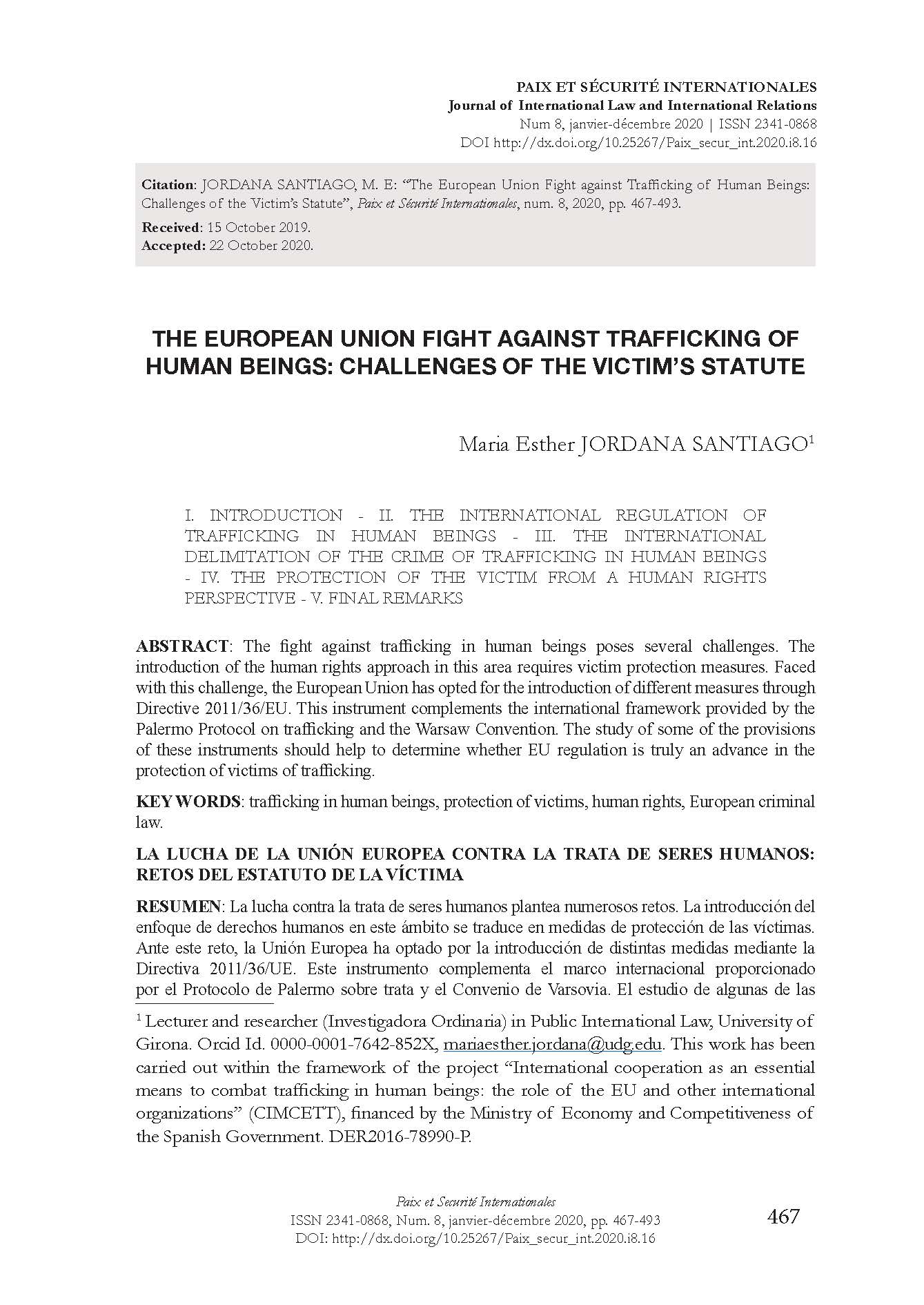 The European Union Fight against Trafficking of Human Beings: Challenges of the Victim’s Statute