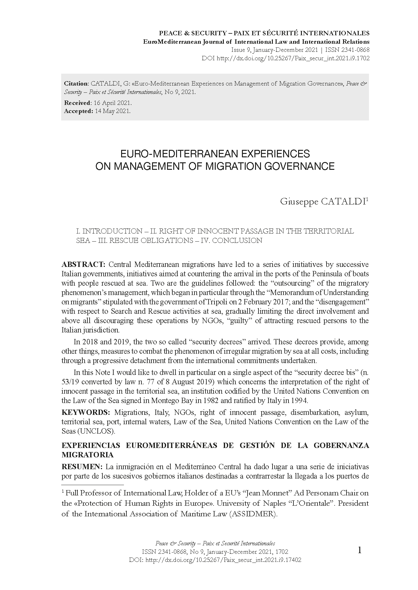 Euro-Mediterranean Experiences on Management of Migration Governance