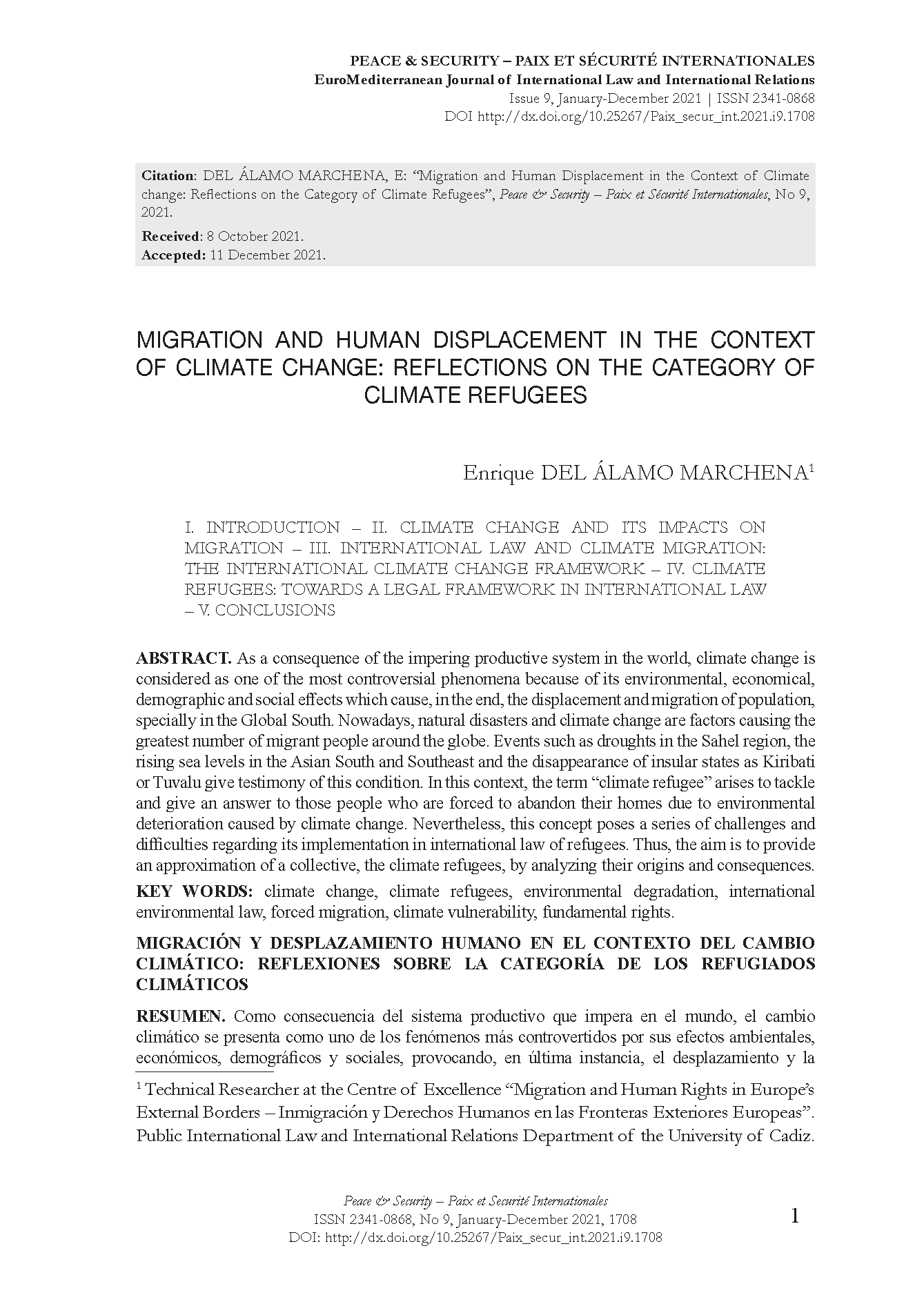 Migration and Human Displacement in the Context of Climate change: Reflections on the Category of Climate Refugees