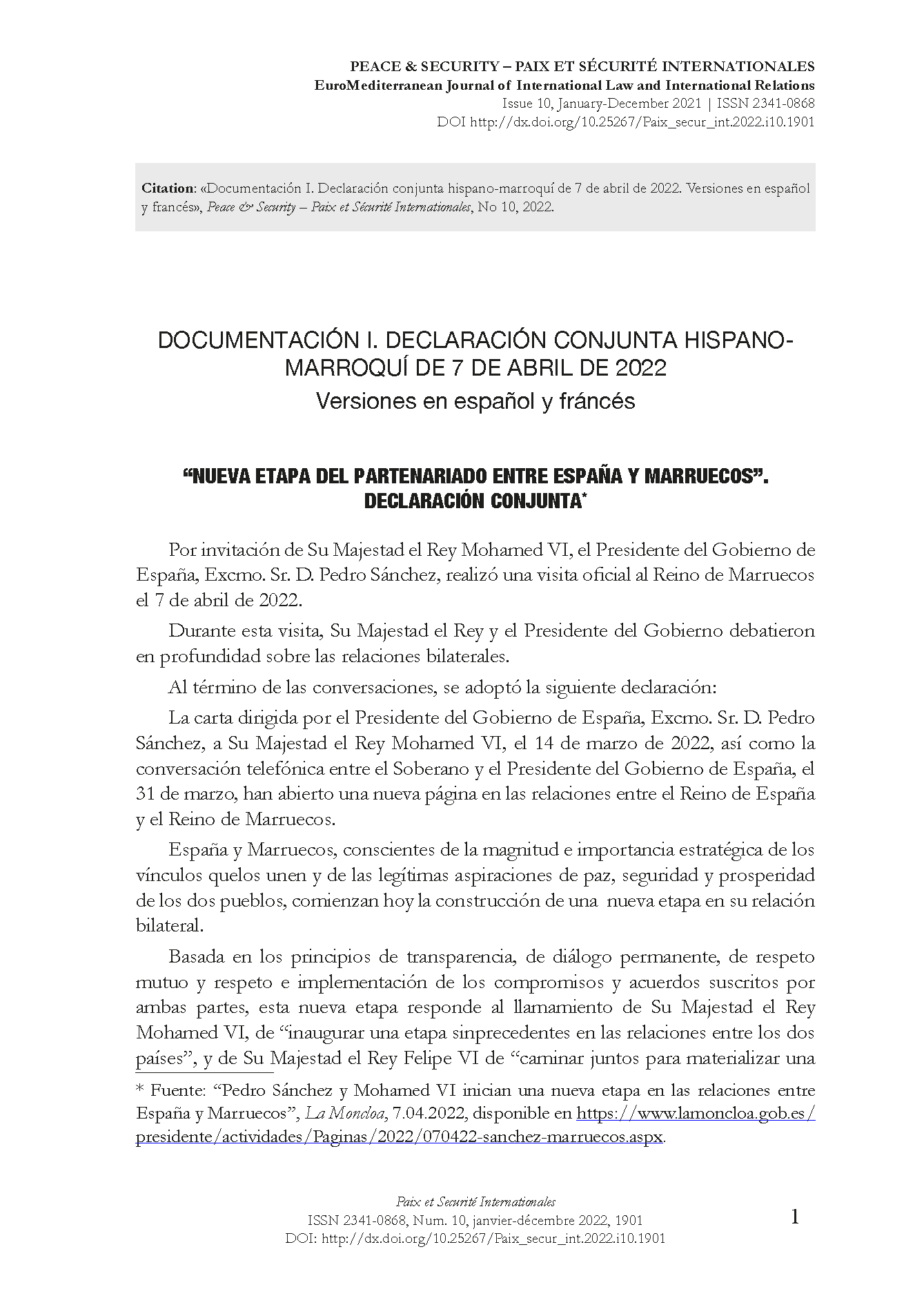 Documentación I. Declaración conjunta hispano-marroquí de 7 de abril de 2022 (versiones en español y francés)