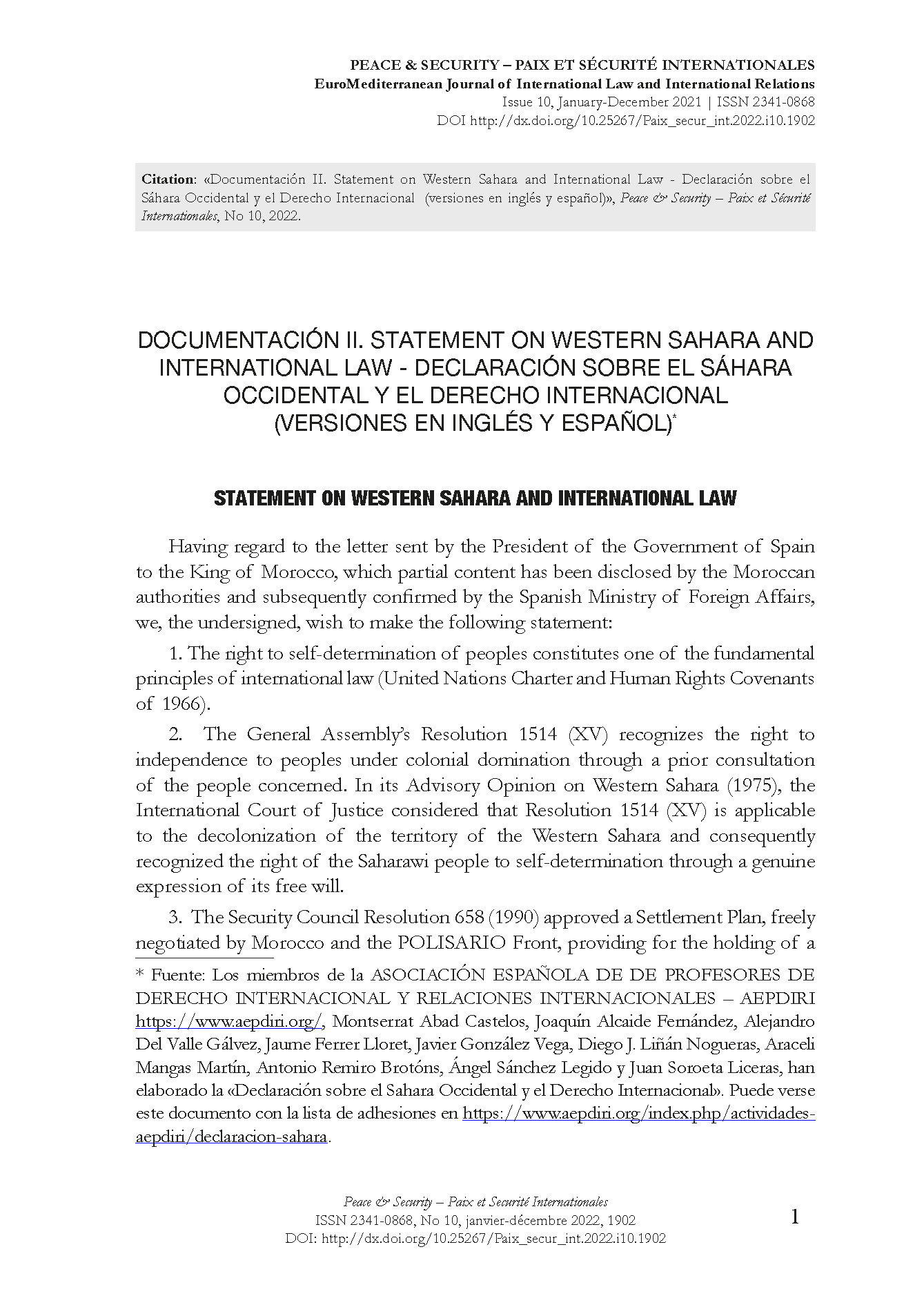 Documentación II. Statement on Western Sahara and International Law - Declaración sobre el Sáhara Occidental y el Derecho Internacional  (versiones en inglés y español)