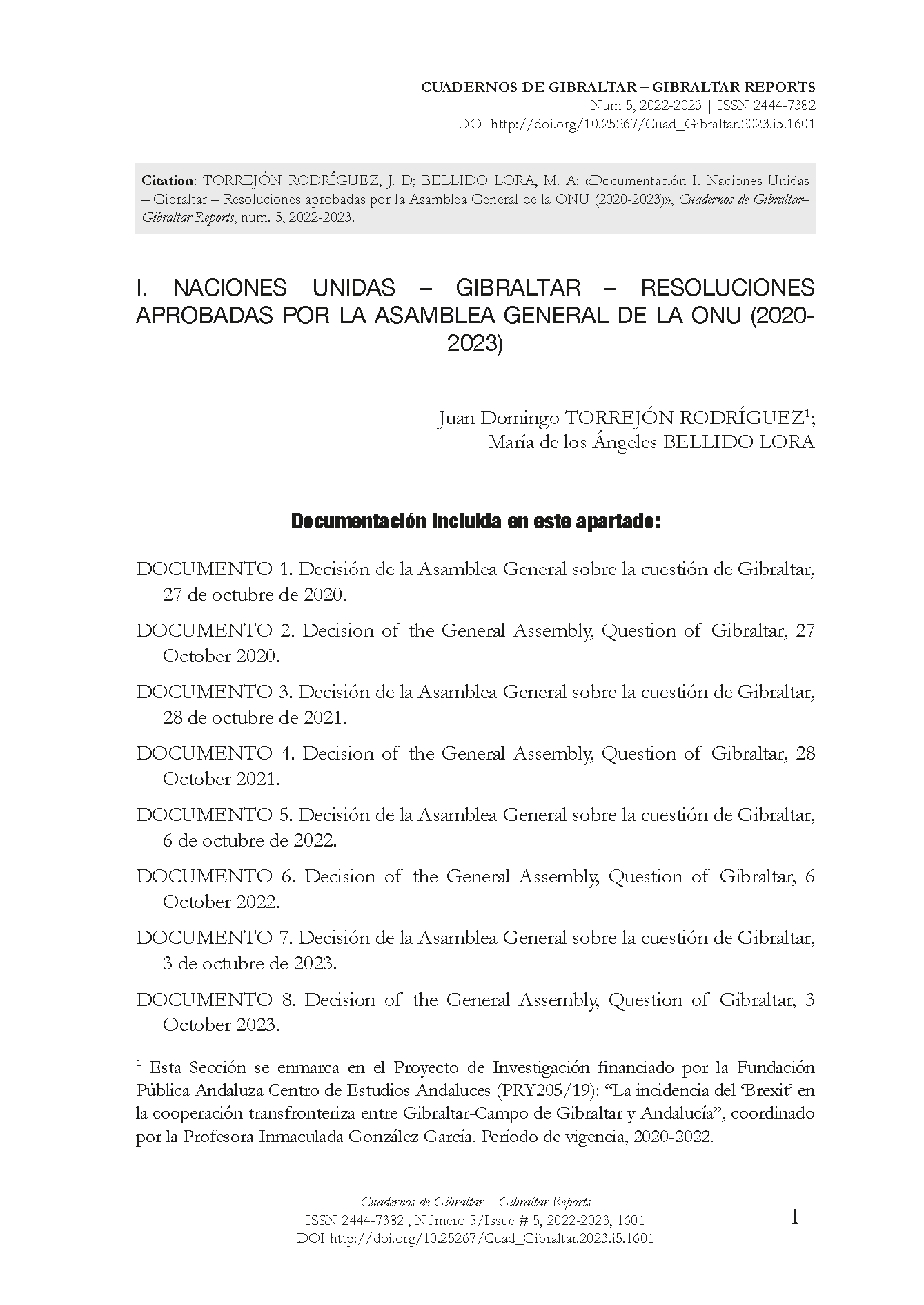 Documentación I. Naciones Unidas – Gibraltar – Resoluciones aprobadas por la Asamblea General de la ONU (2020-2023)