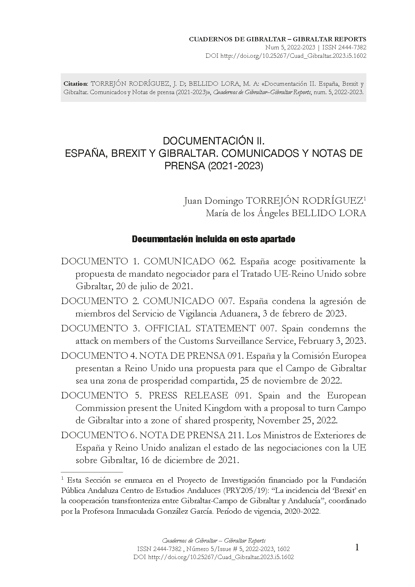 Documentación II. España, Brexit y Gibraltar. Comunicados y Notas de prensa (2021-2023)
