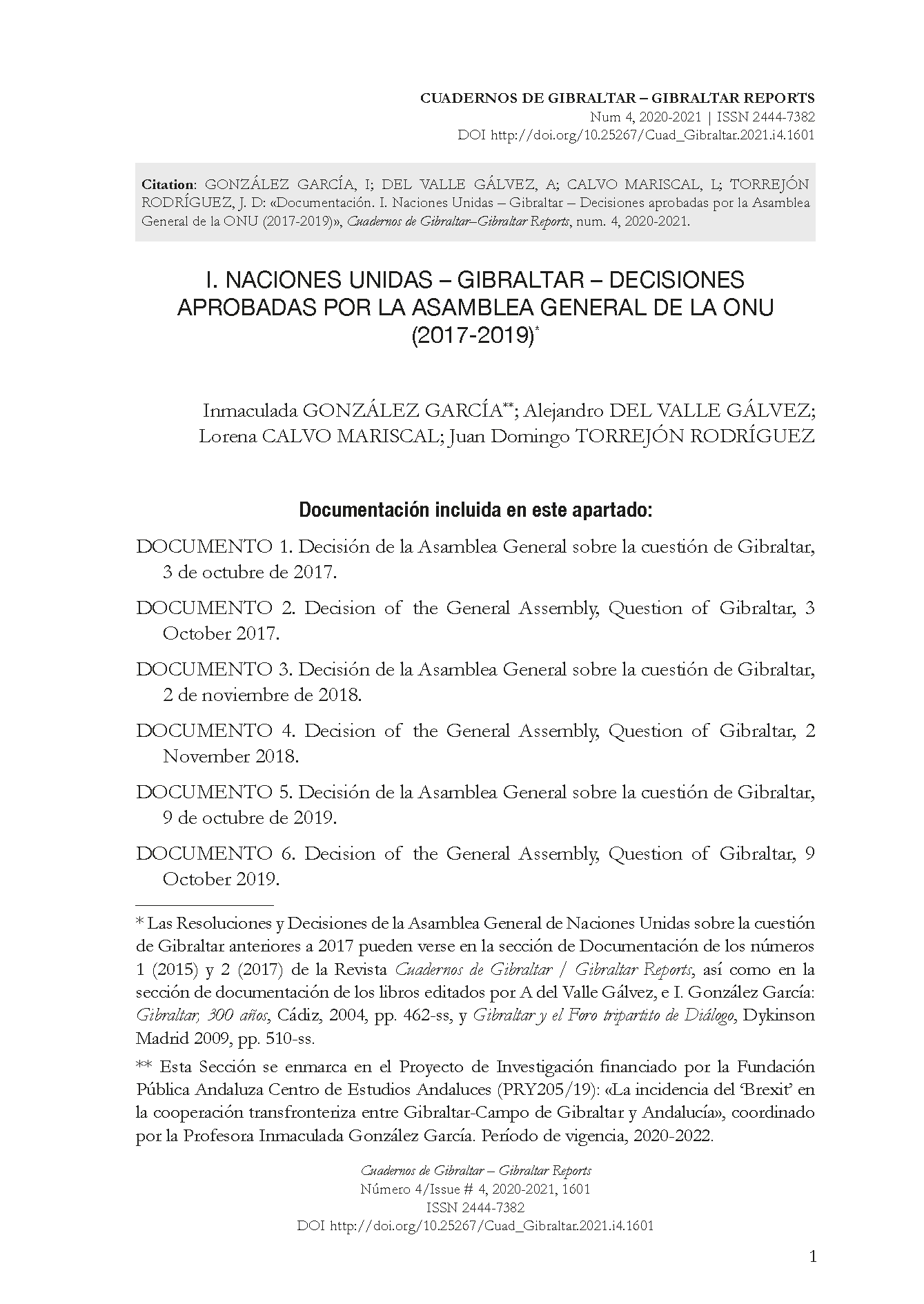 Documentación. I. Naciones Unidas – Gibraltar – Decisiones aprobadas por la Asamblea General de la ONU (2017-2019)