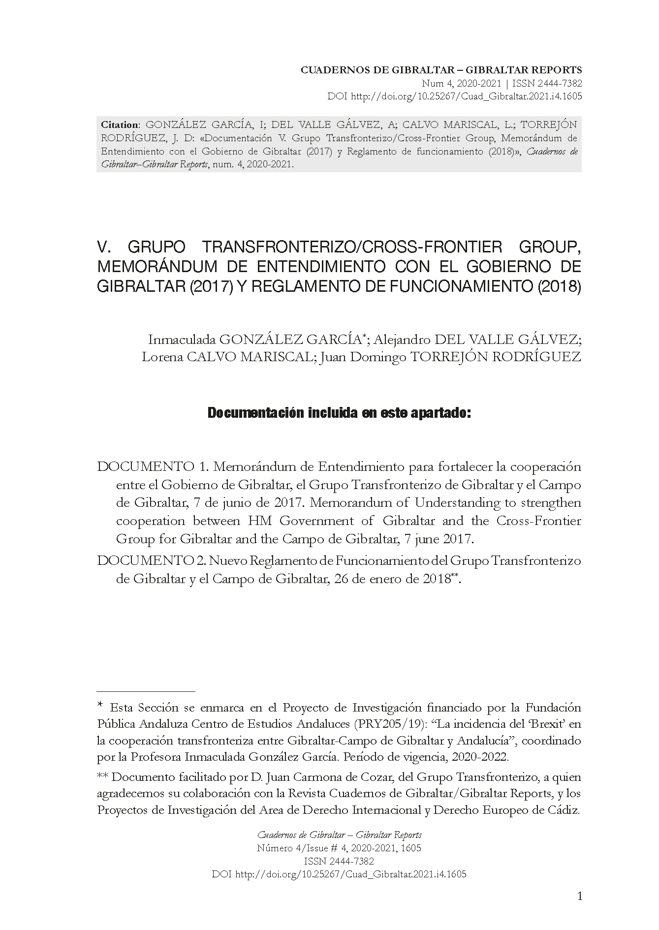 Documentación V. Grupo Transfronterizo/Cross-Frontier Group, Memorándum de Entendimiento con el Gobierno de Gibraltar (2017) y Reglamento de funcionamiento (2018)