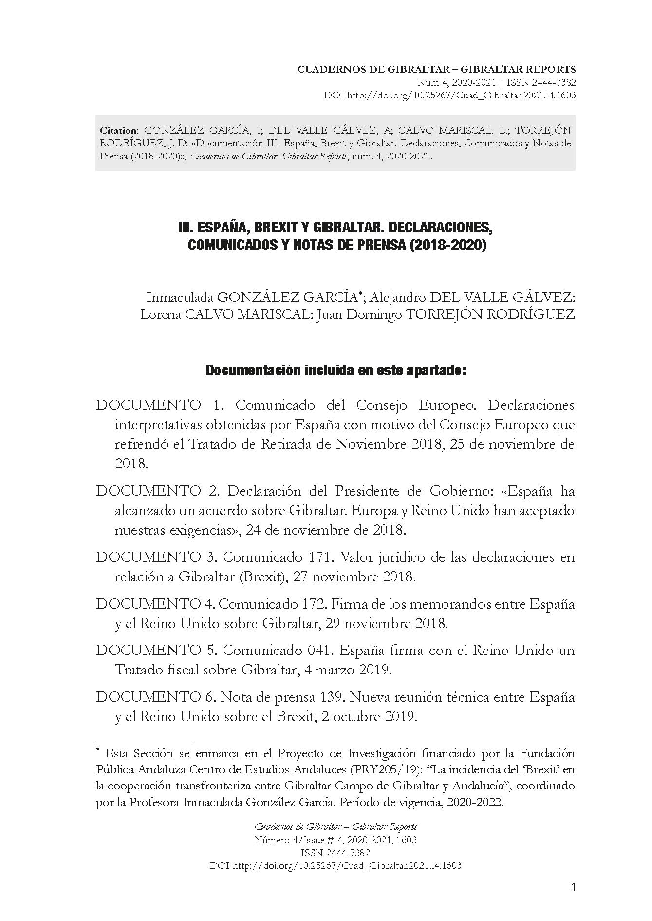 Documentación III. España, Brexit y Gibraltar. Declaraciones, Comunicados y Notas de Prensa (2018-2020)