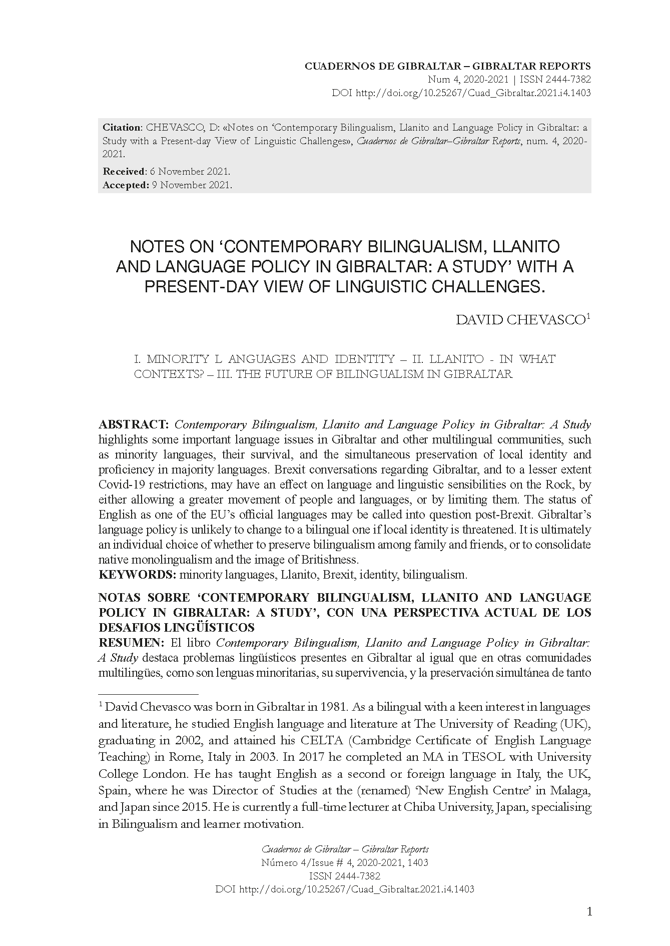 Notes on ‘Contemporary Bilingualism, Llanito and Language Policy in Gibraltar: a Study with a Present-day View of Linguistic Challenges