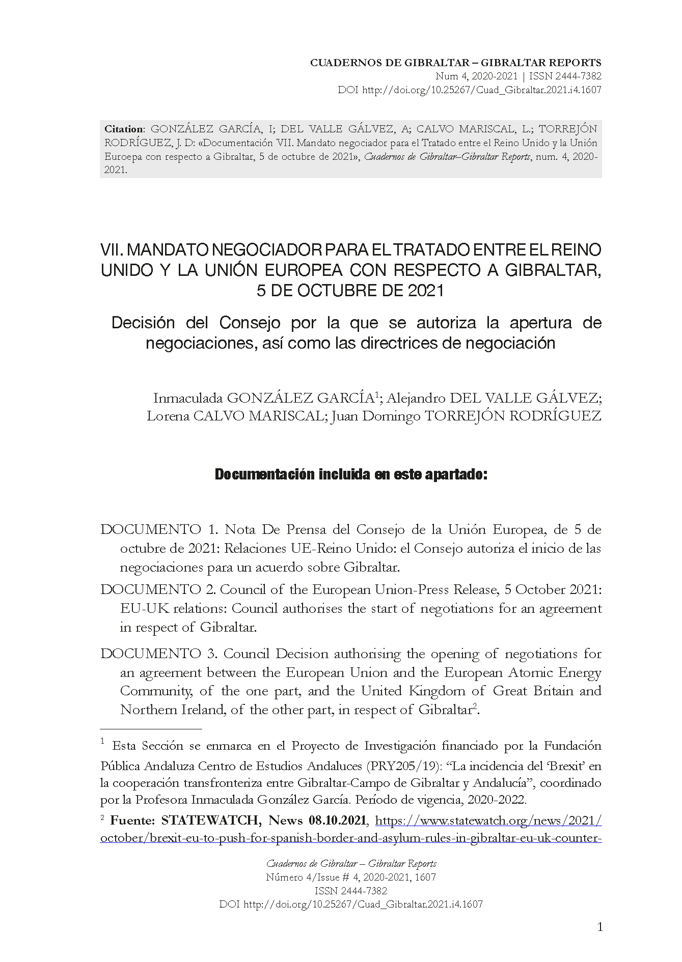 Documentación VII. Mandato negociador para el Tratado entre el Reino Unido y la Unión Euroepa con respecto a Gibraltar, 5 de octubre de 2021